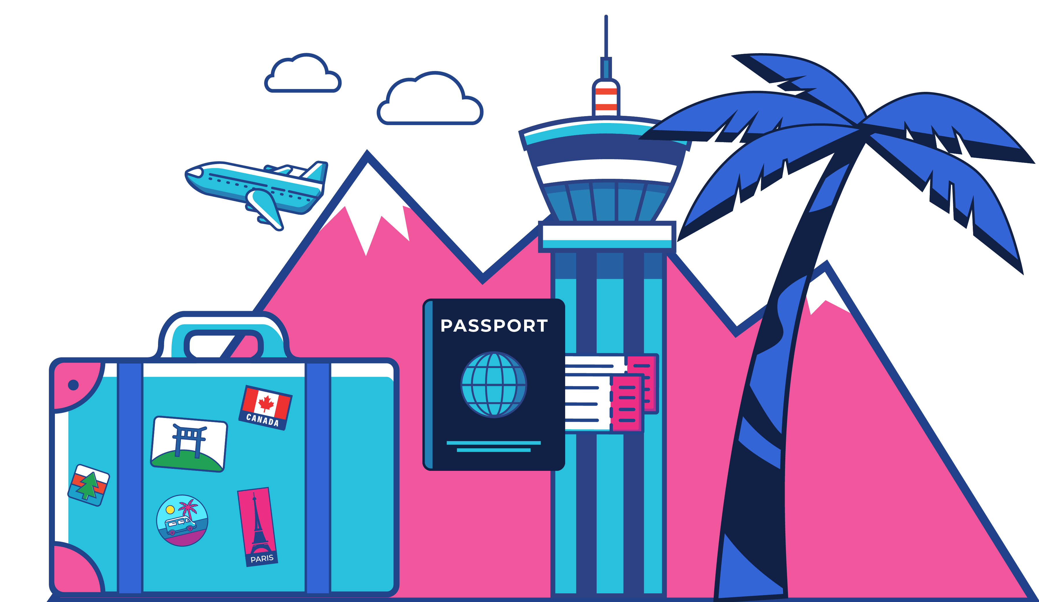 Colorful illustration of travel elements: suitcase, palm tree, mountains, and airport tower.