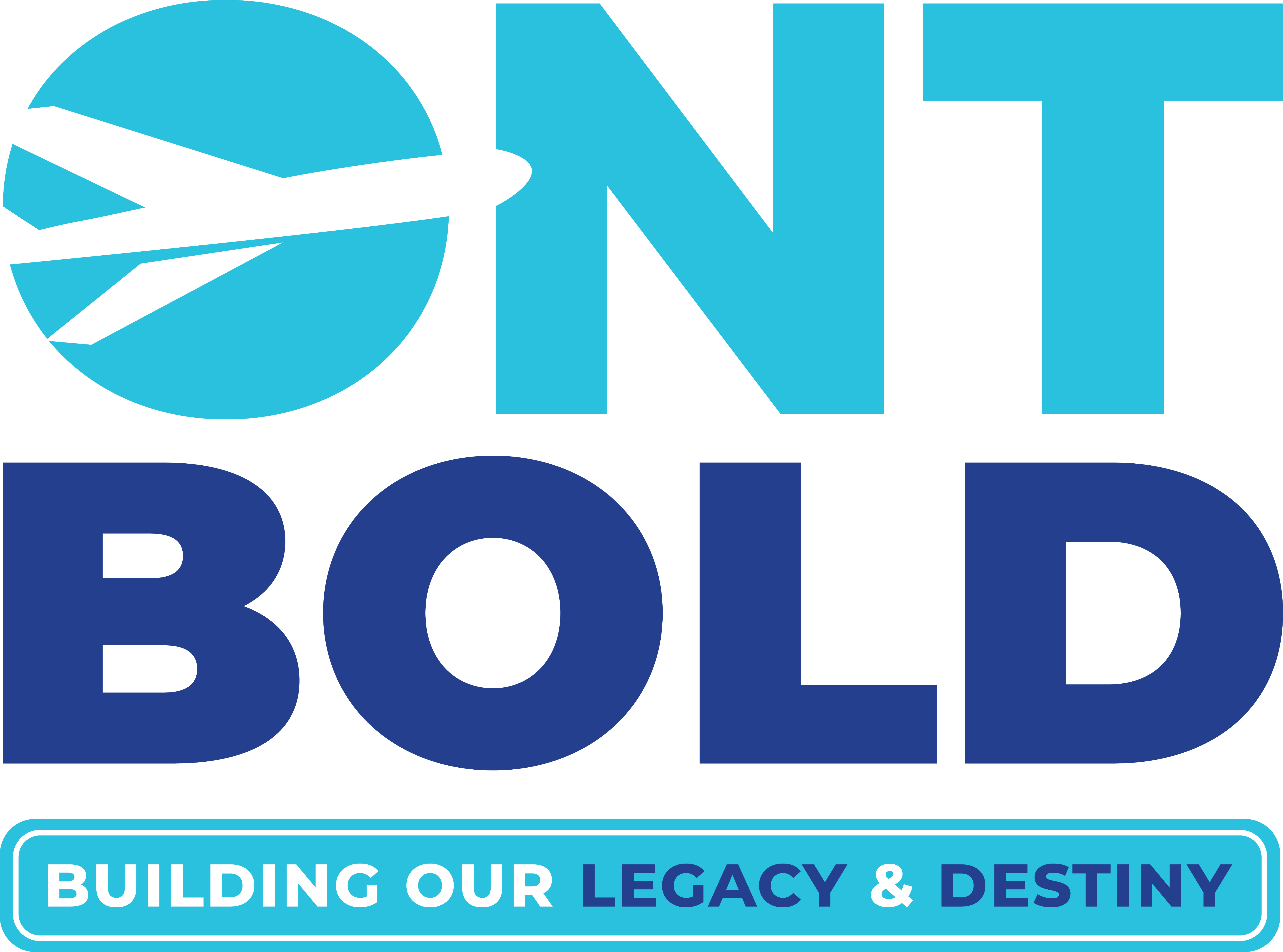 Logo for ONT Bold with turquoise and blue text, tagline "Building Our Legacy & Destiny"