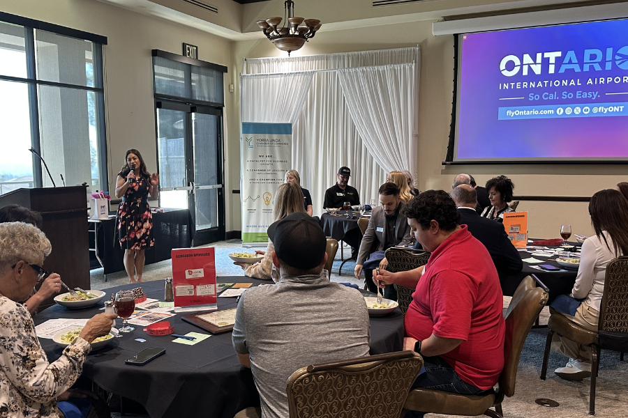 CE at Yorba Linda Chamber Community Connection Luncheon sharing updates on ONT