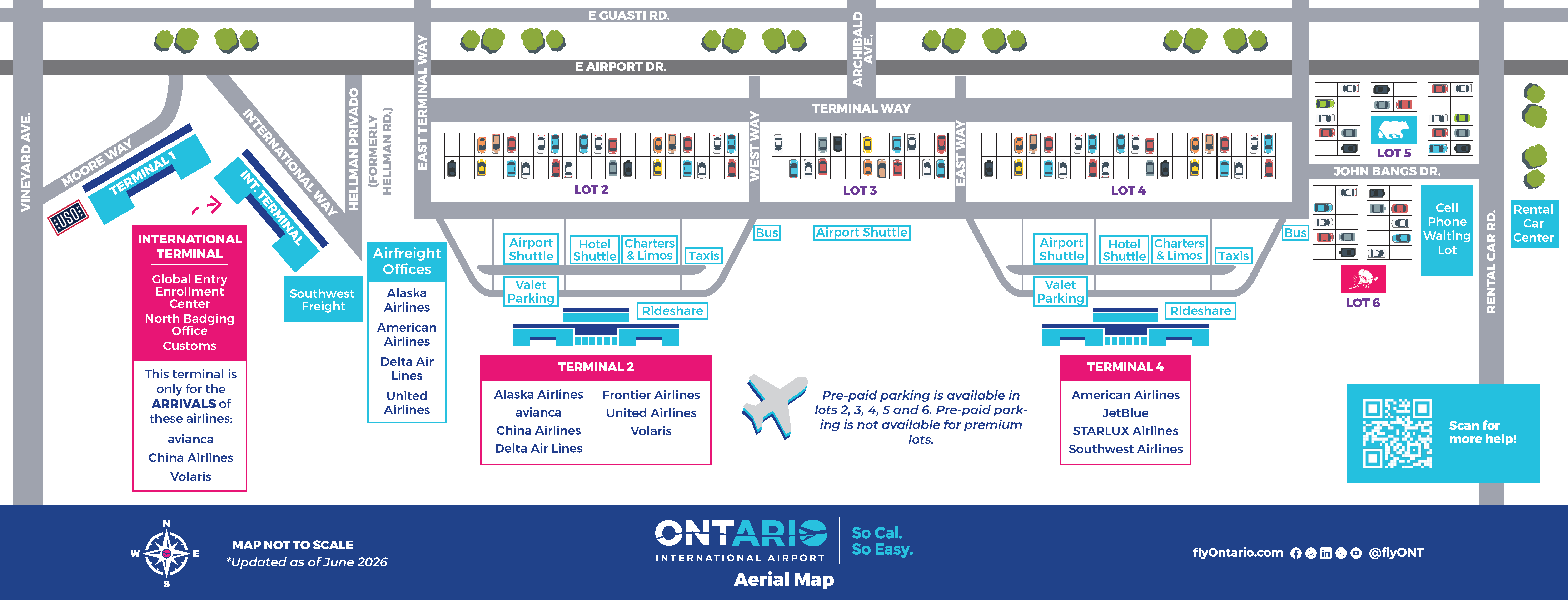 Airport map of Terminal 2 and Terminal 4 and parking lots