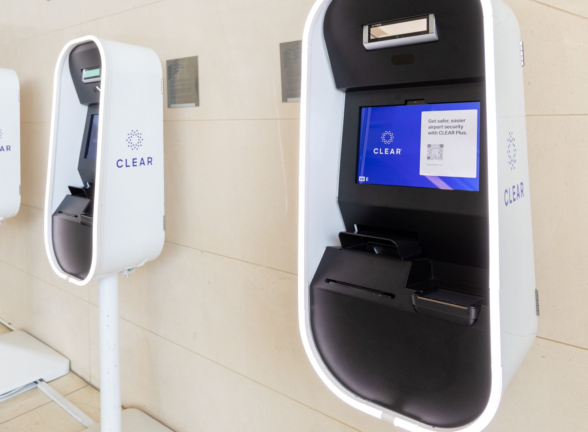 CLEAR kiosks are shown close up inside ONT terminals.