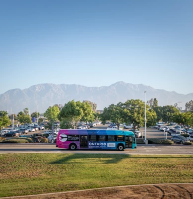 Colorful purple and blue tour bus parked in a lot with mountains in the background.